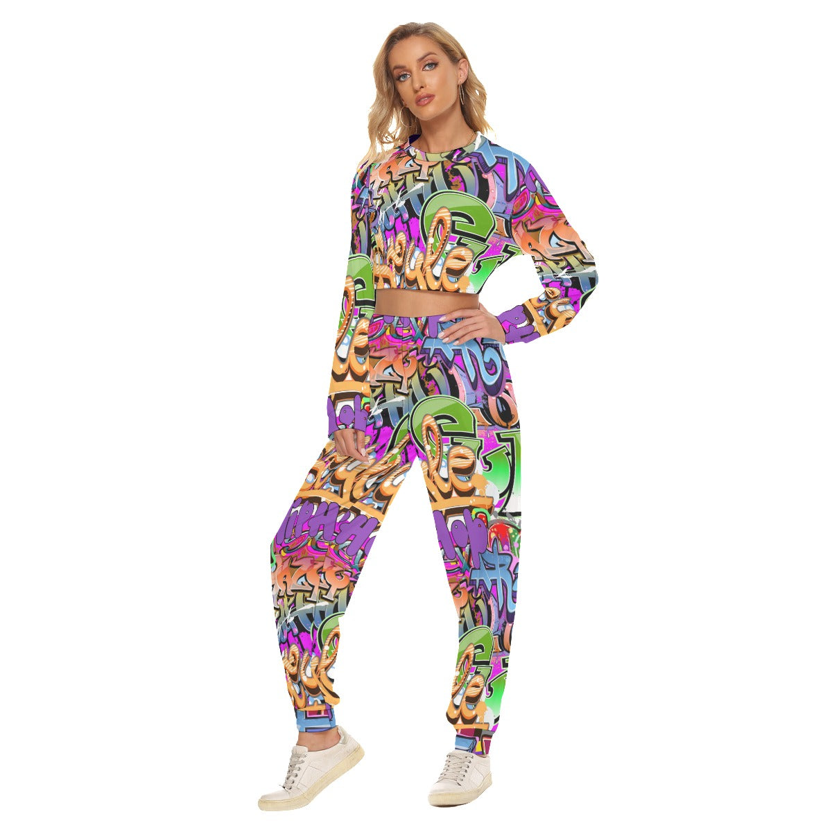 Graffiti Style Women's Crop Sweatshirt Suit