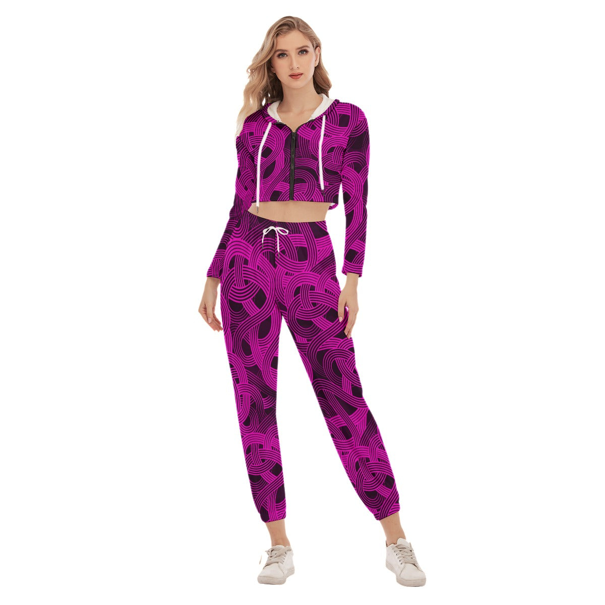 Trippy Pink & Black Noodles Women's Crop Hoodie Sports Sets