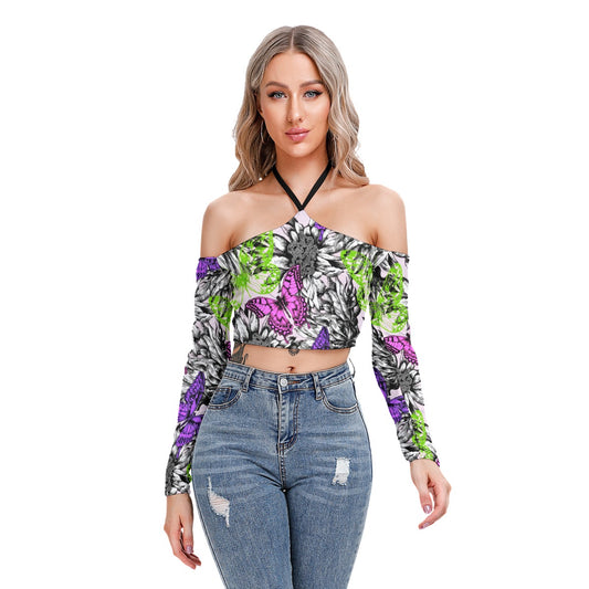 Blooming Roses & Colorful Butterflies Women's Halter Lace-up Top