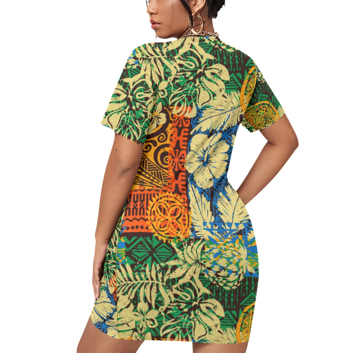 Hawaiian Style Women’s Stacked Hem Dress With Short Sleeve（Plus Size）