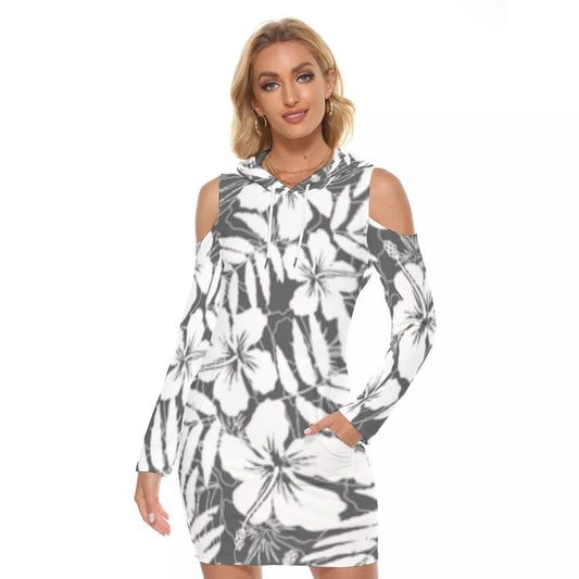 Black & Gray Tropical Flowers Hooded Tight Dress