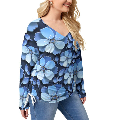 Black With Blue Cherry Blossoms Women’s V-neck T-shirt With Side Drawstring(Plus Size)