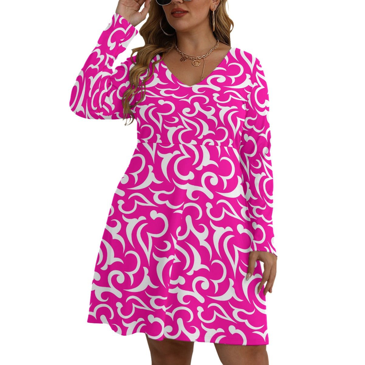 Royalty Made Pink & White Women's V-neck Long Sleeve Dress (Plus Size)