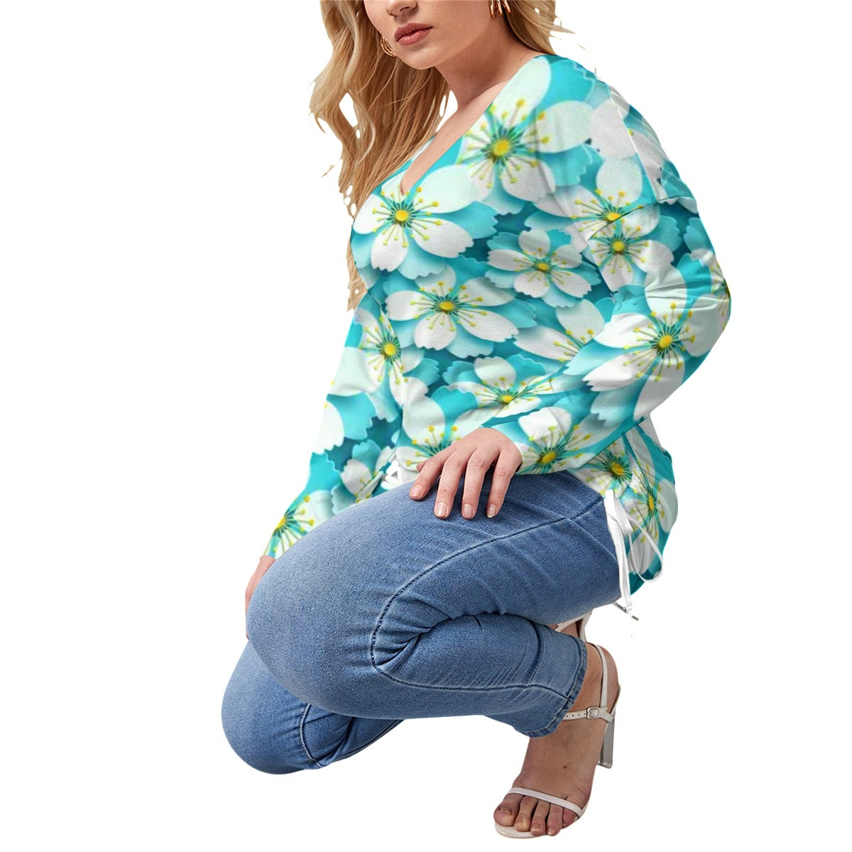 Baby Blue With White Cherry Blossoms Women’s V-neck T-shirt With Side Drawstring(Plus Size)