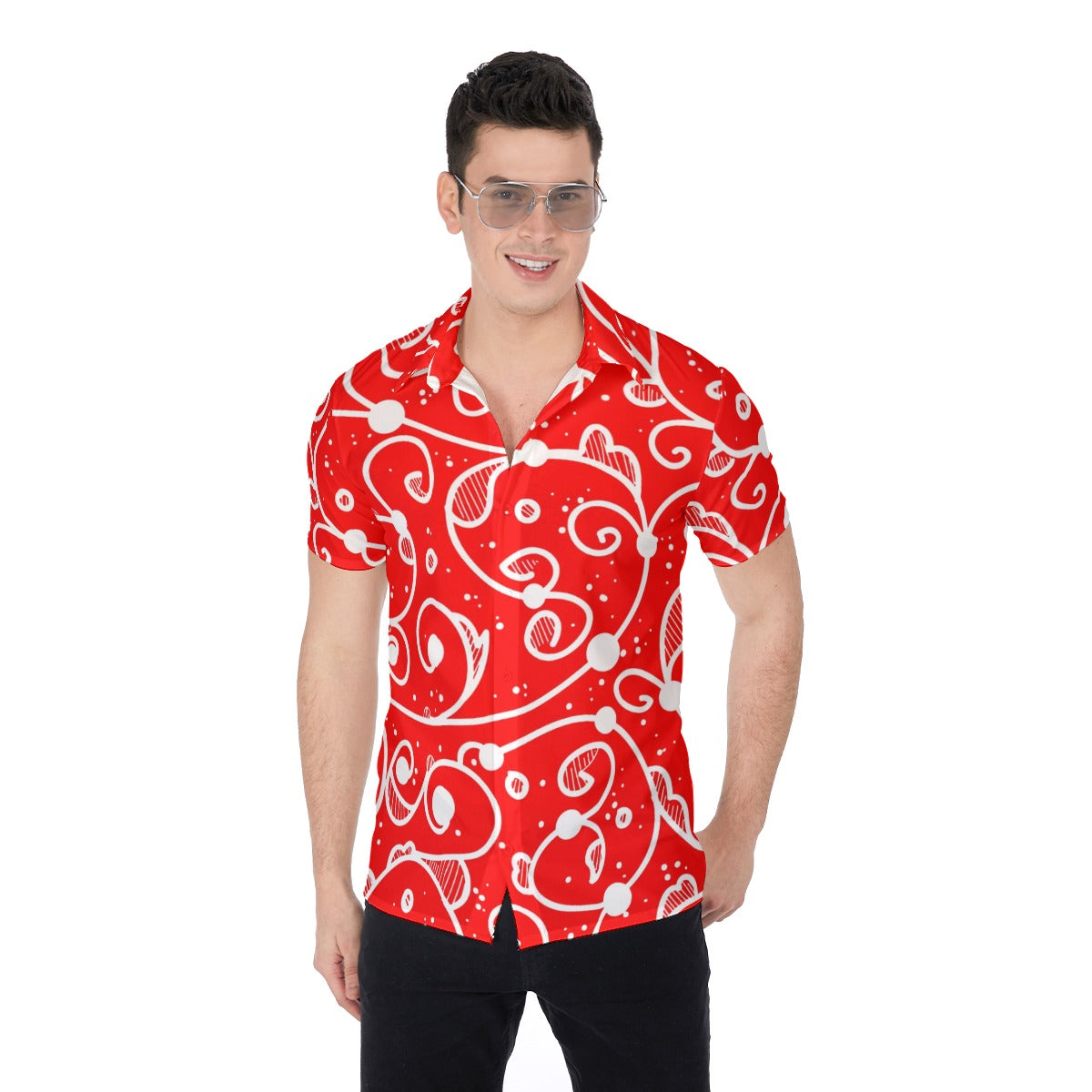 Red & White Swirls Men's Button Up Shirt