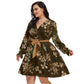 Light Brown Flowers Women's V-neck Dress With Waistband (Plus Size)