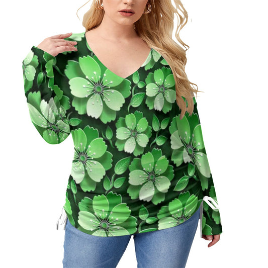 Black With Green Cherry Blossoms Women’s V-neck T-shirt With Side Drawstring(Plus Size)