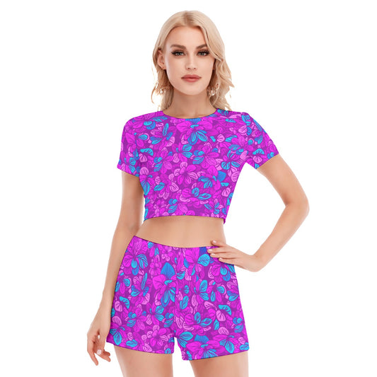 Purple With Blue Leaves Women's Short Sleeve Cropped Top Shorts Suit