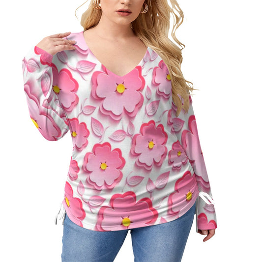 Pink Sakura Flowers & Leaves Women’s V-neck T-shirt With Side Drawstring(Plus Size)