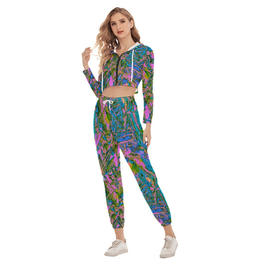 Bright Grunge Psychedelic Women's Crop Hoodie Sports Sets