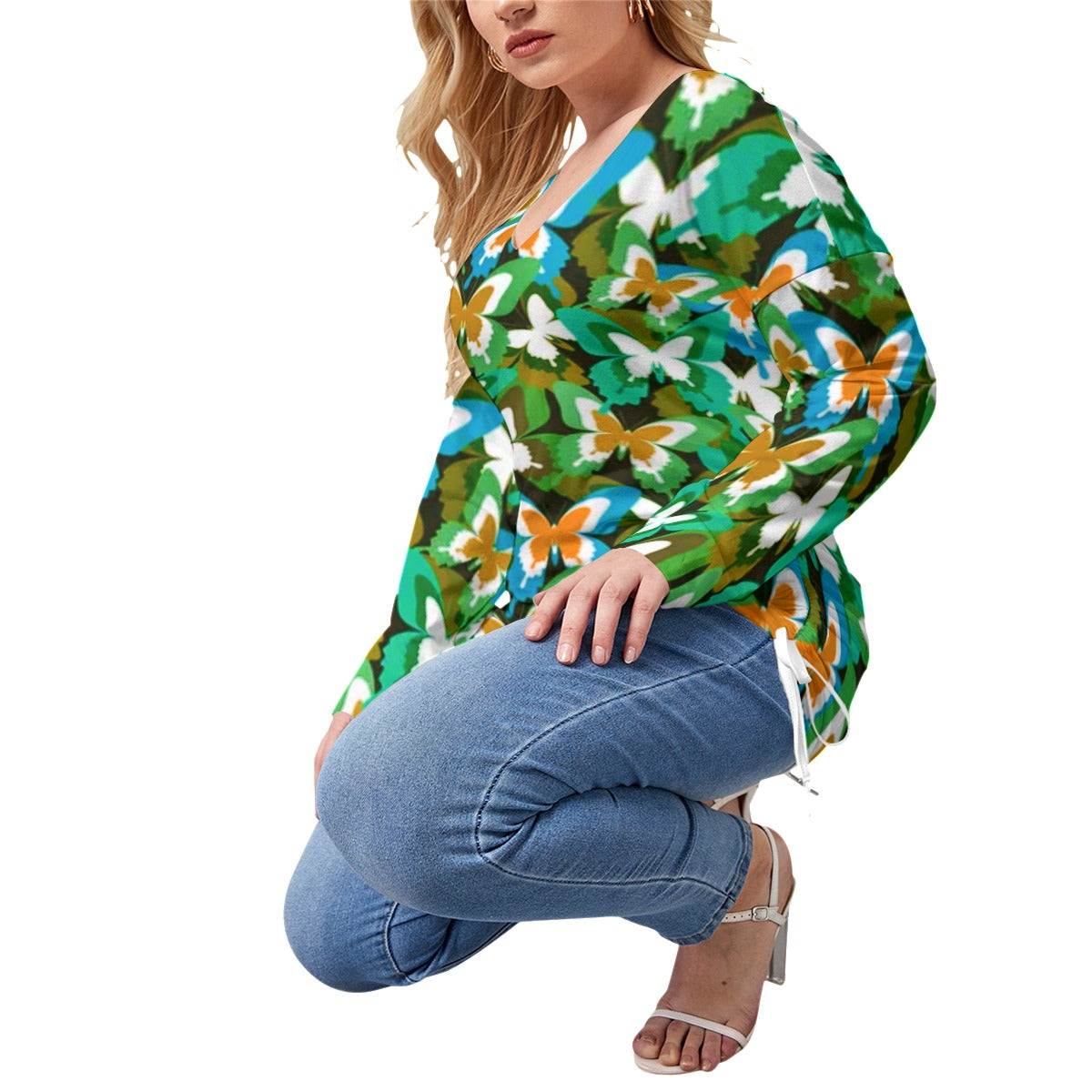 Colorful Butterflies Women’s V-neck T-shirt With Side Drawstring(Plus Size)