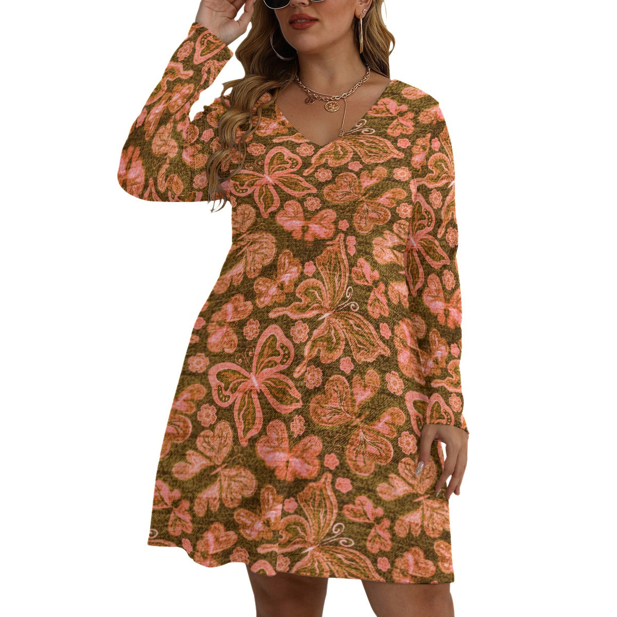 Women's Cute Colorful Butterflies V-neck Long Sleeve Dress (Plus Size)