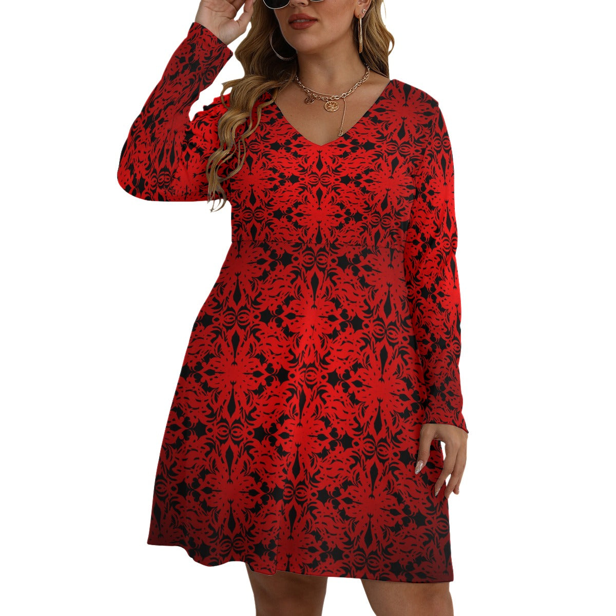 Royalty Made Red & Black Women's V-neck Long Sleeve Dress (Plus Size)