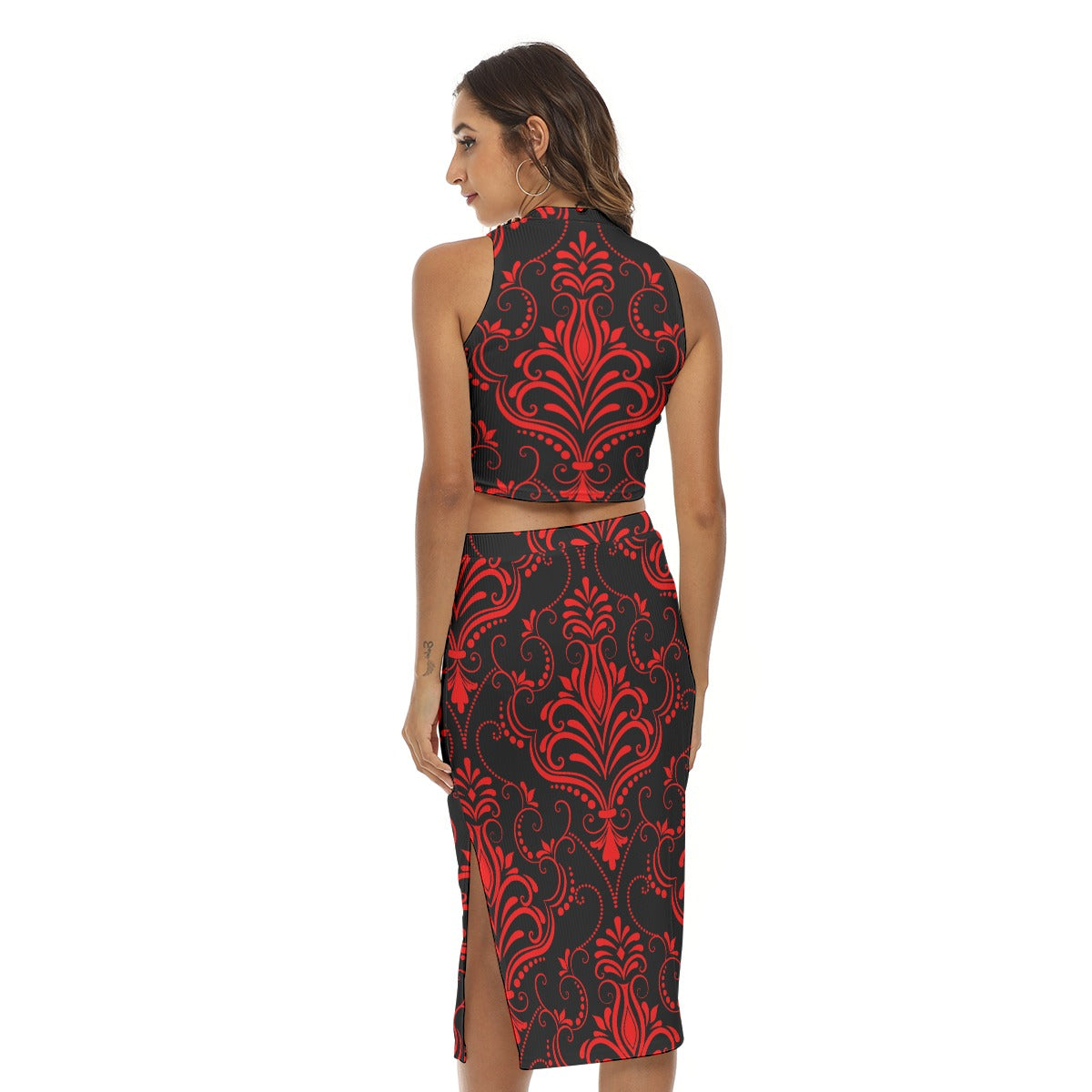 Red With Black Vintage Flowers Women's Tank Top & Split High Skirt Set