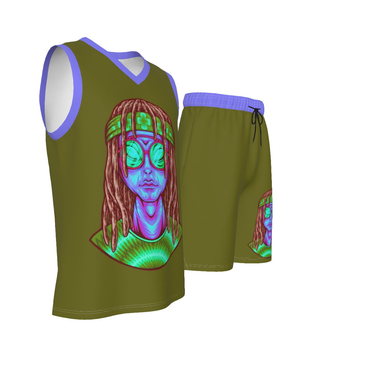 Psychedelic Alien With Dreads Men's V Neck Basketball Suit