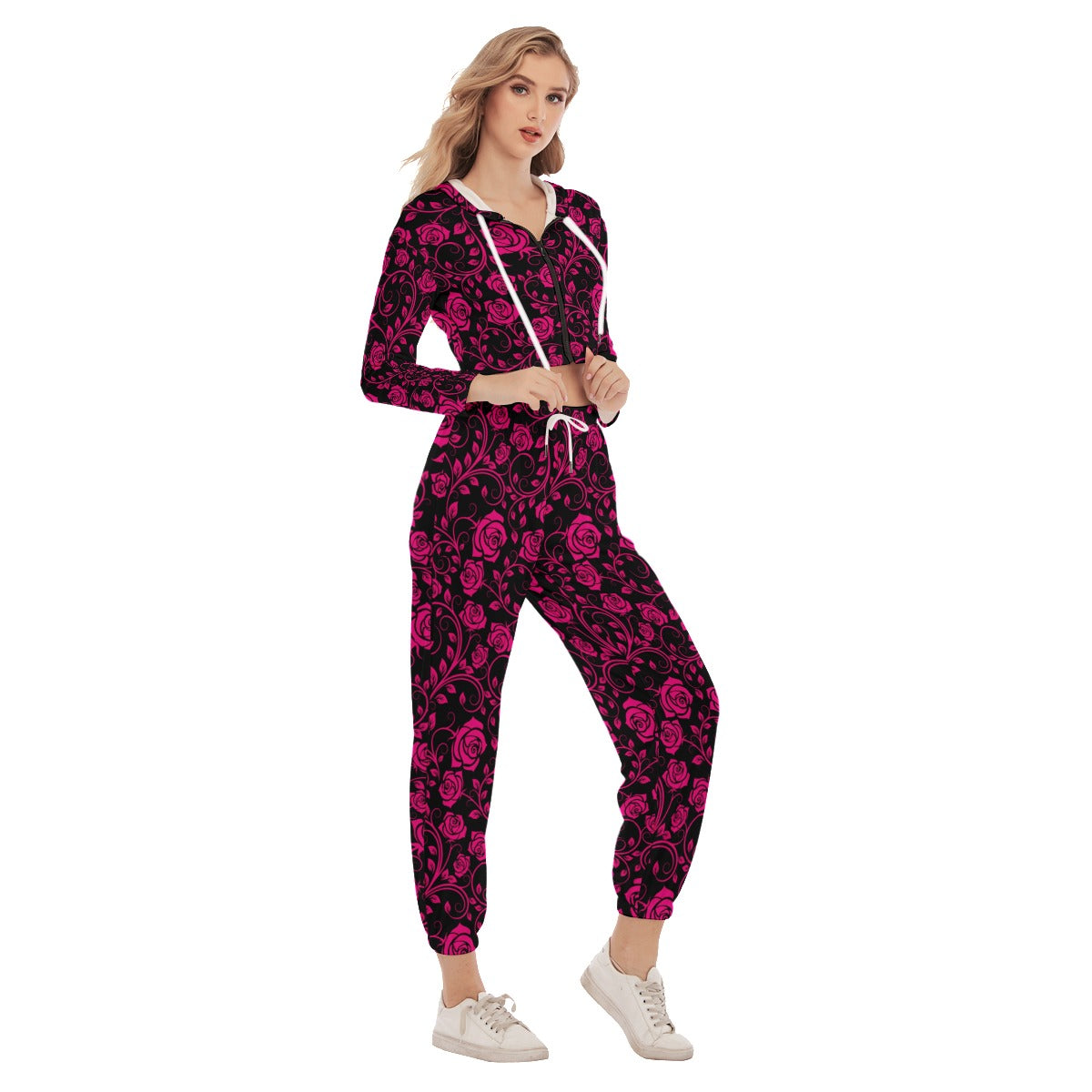 Black & Pink Roses Women's Crop Hoodie Sports Sets