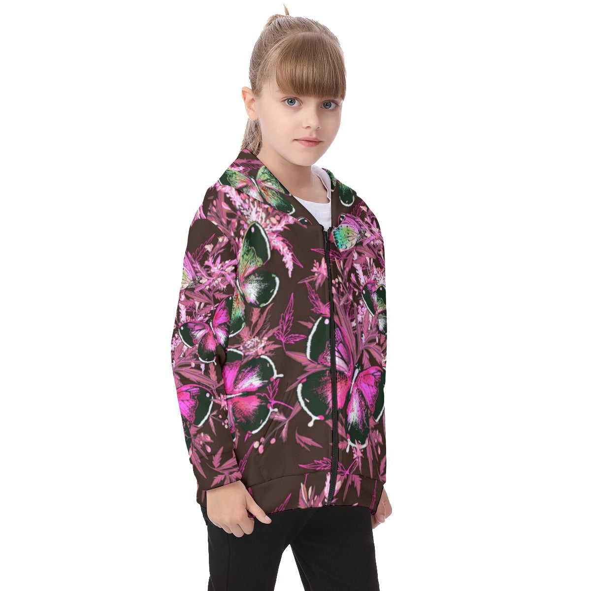 Cute Floral Butterflies Kid's Heavy Fleece Zip Up Hoodie