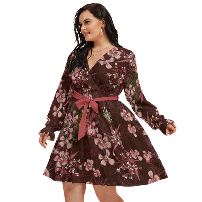 Red Flowers Women's V-neck Dress With Waistband (Plus Size)