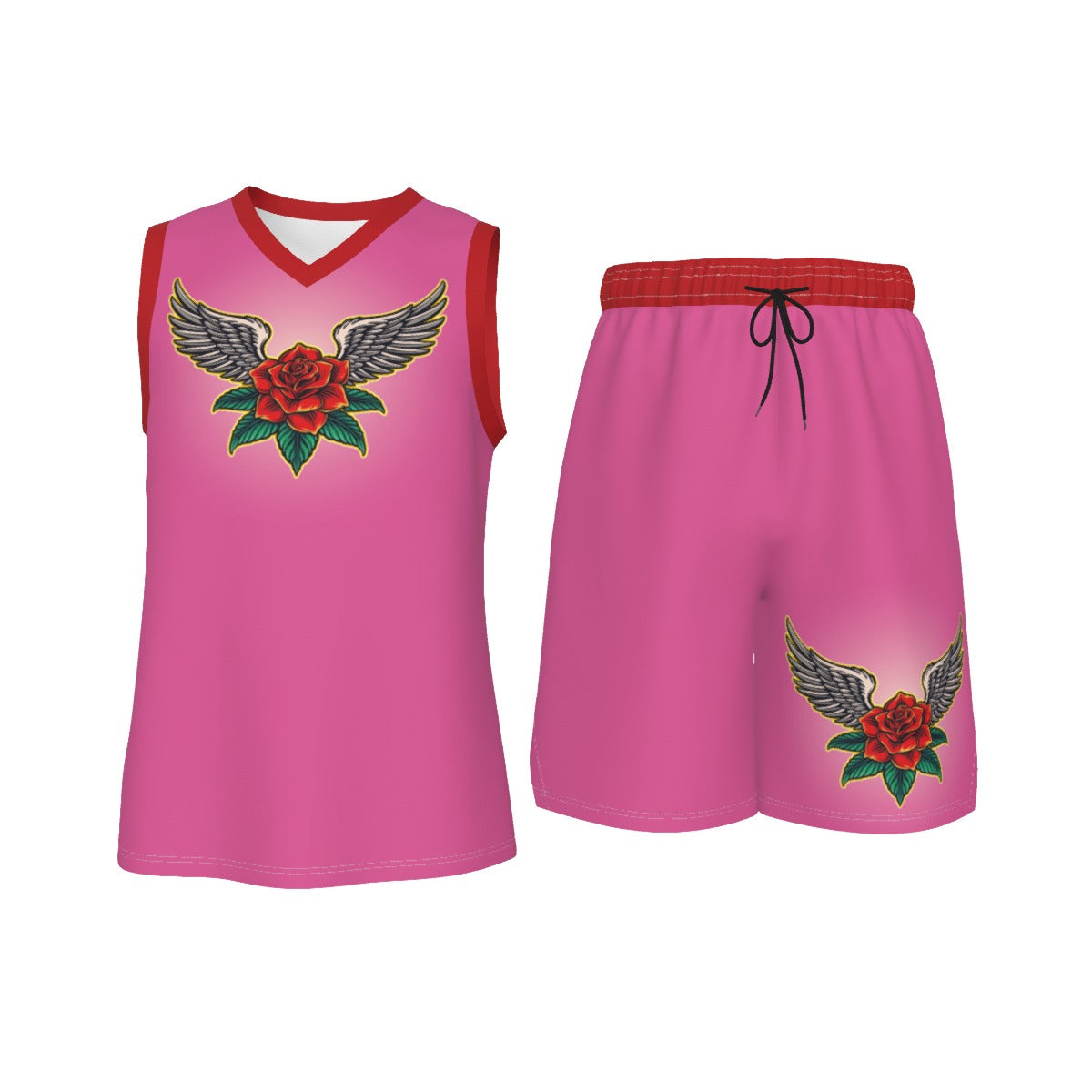 Pink Angel Roses Men's V Neck Basketball Suit