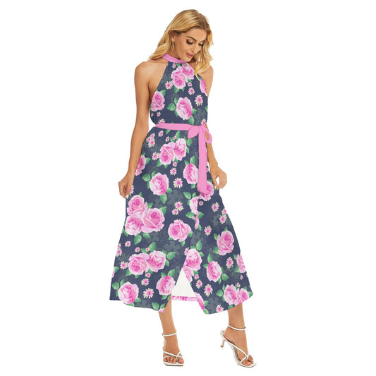 Beautiful Roses Women's Wrap Hem Belted Halter Dress