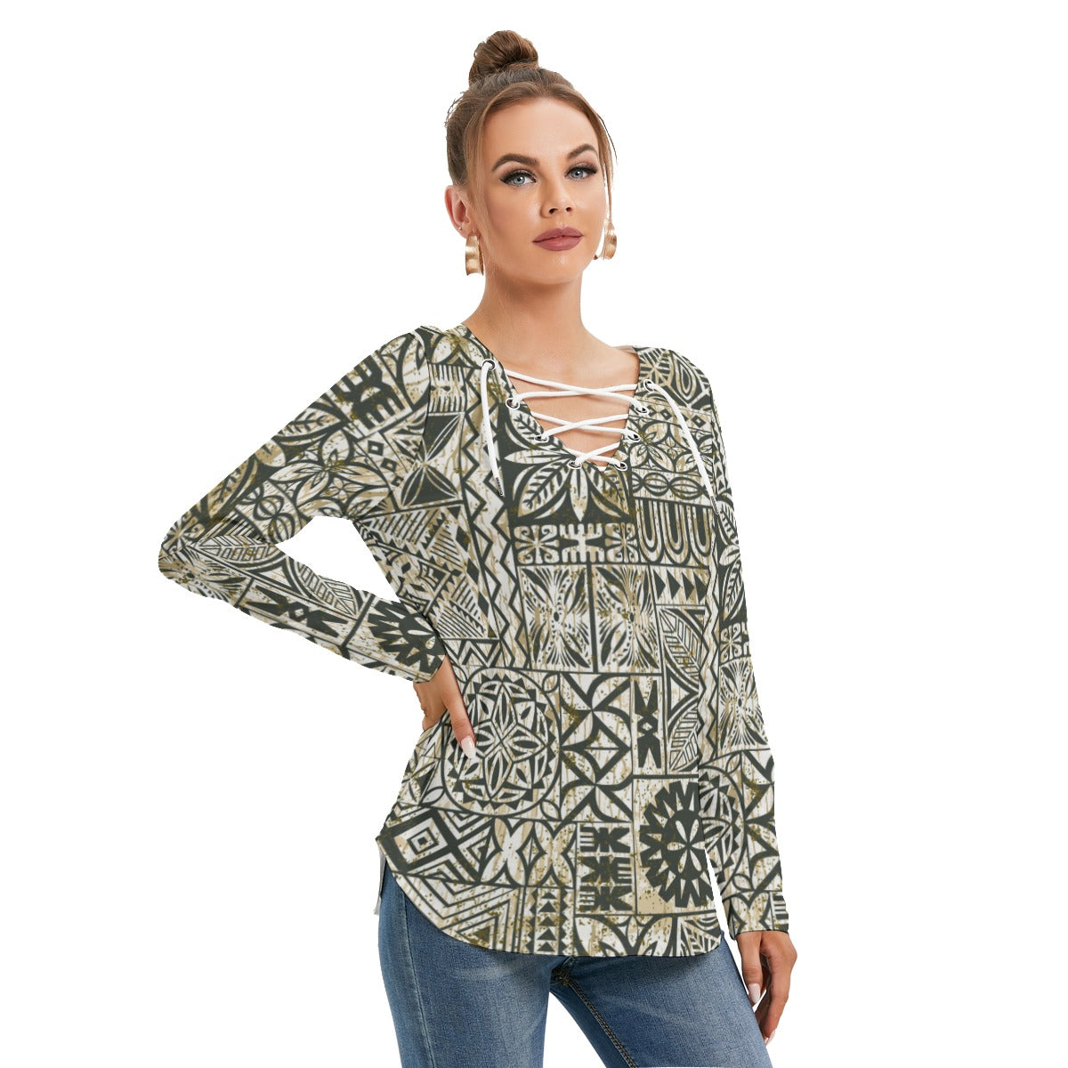 Hawaiian Style Women's Long Sleeve Neckline Tie Sweatshirt