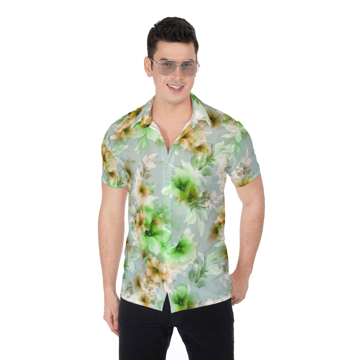 Orange & Green Abstract Flowers Men's Button Up