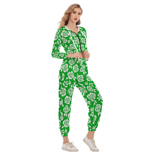 Green With White Roses Women's Crop Hoodie Sports Sets