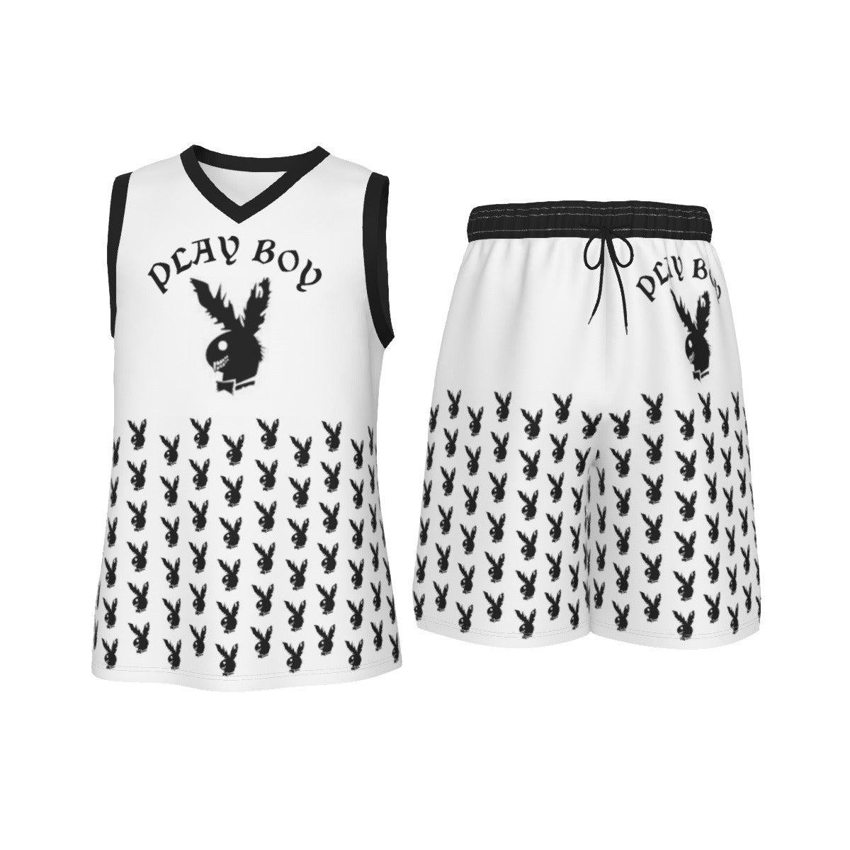 White & Black Play Boy Men's V Neck Basketball Suit