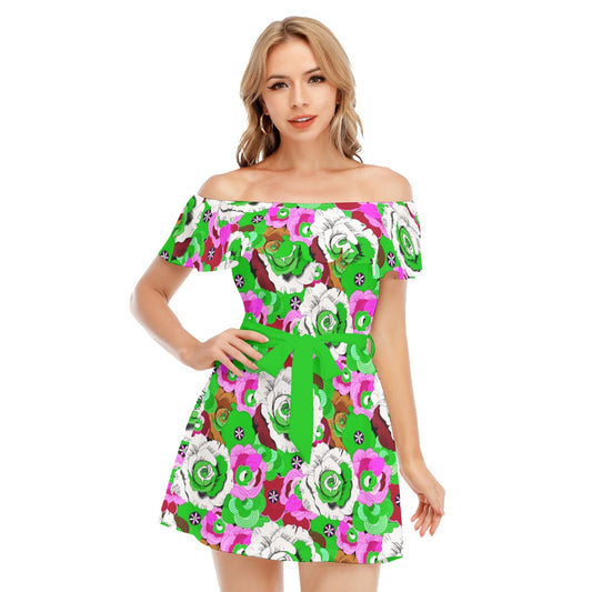 Colorful Roses Women's Off-shoulder Dress With Ruffle