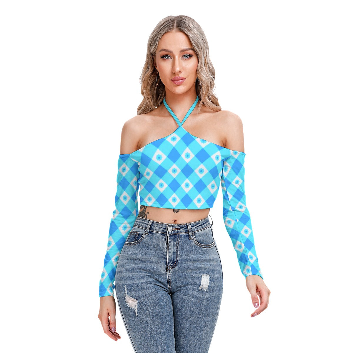 Blue With White Flowers Women's Plaid Halter Lace-up Top