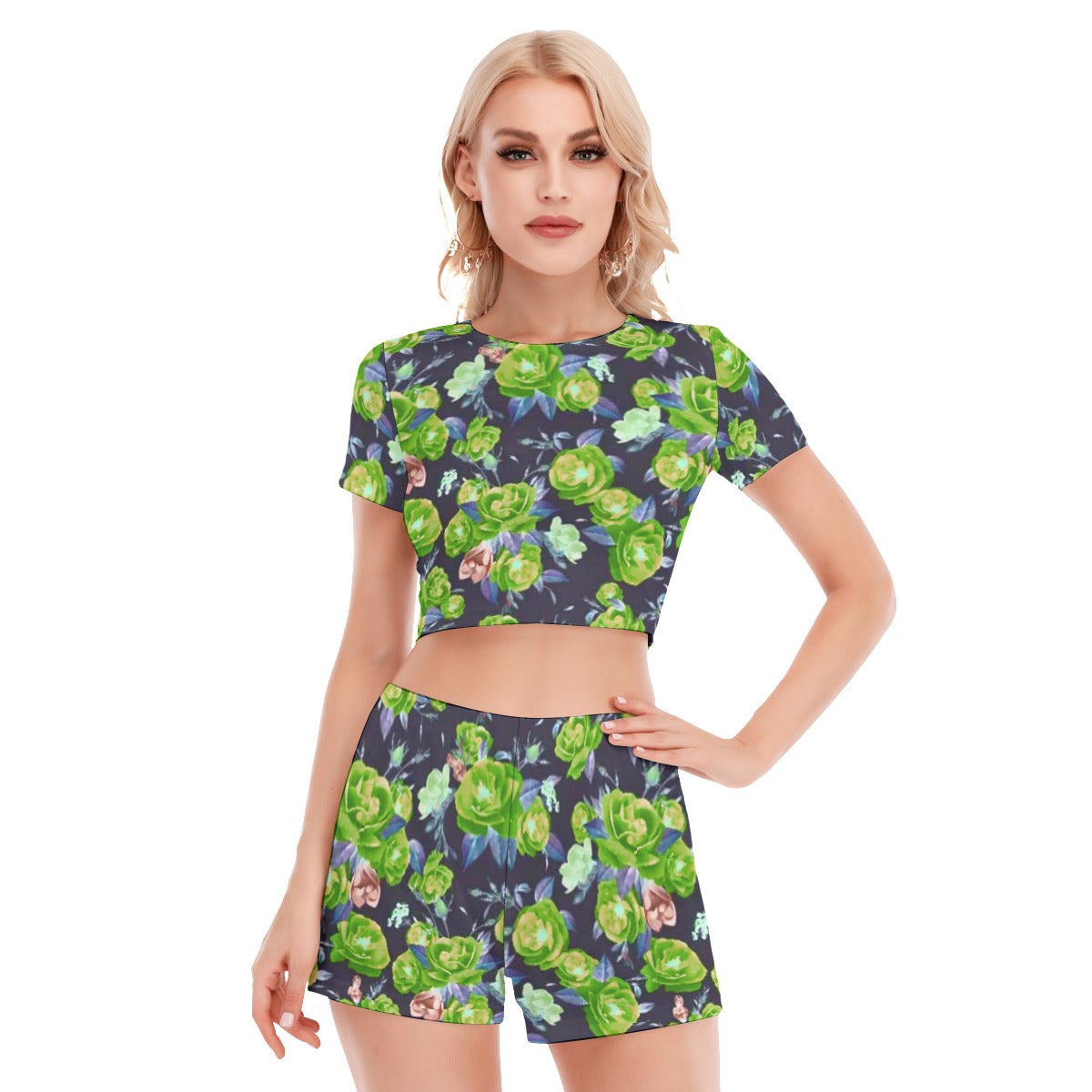 Green Roses Women's Short Sleeve Cropped Top Shorts Suit