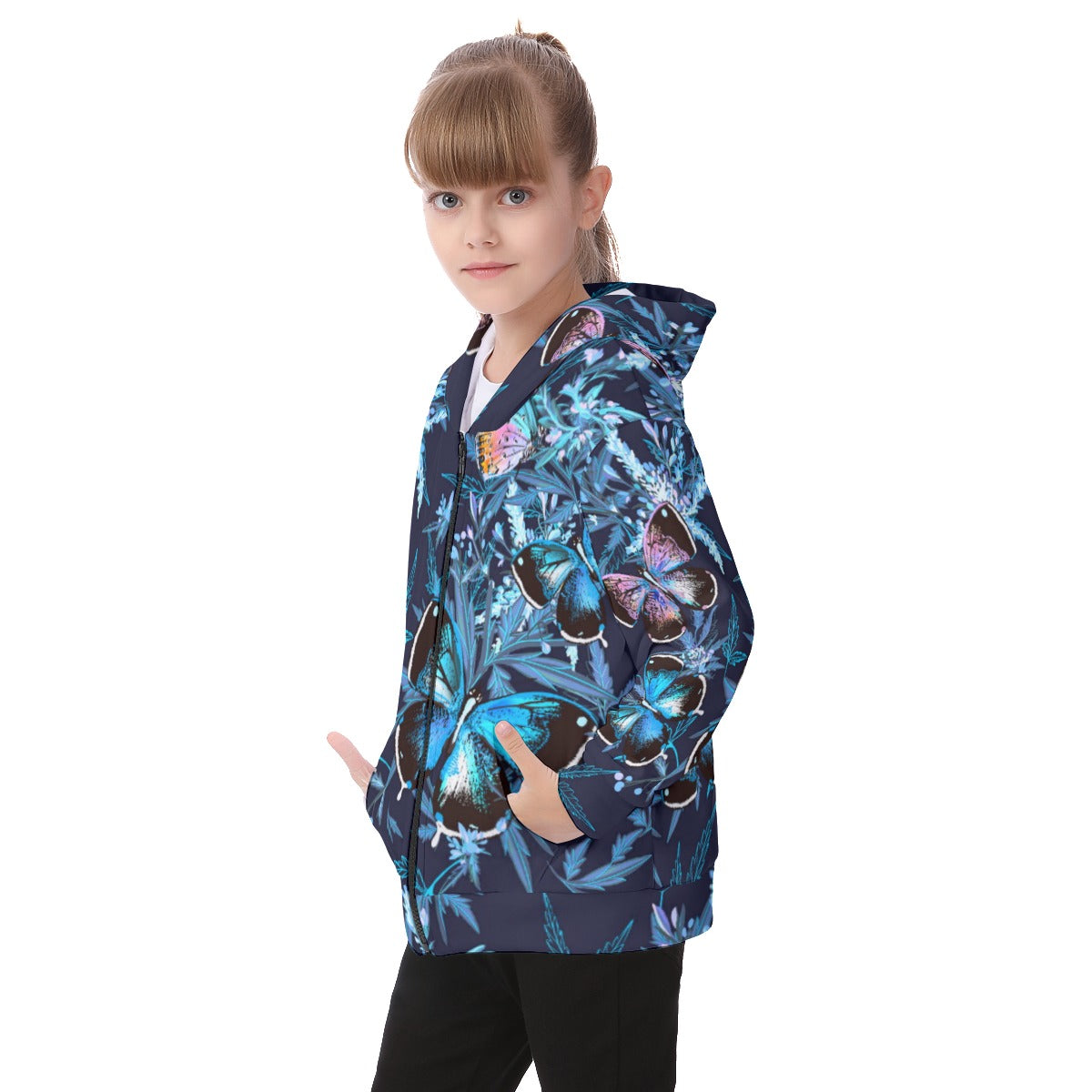 Cute Floral Butterflies Kid's Heavy Fleece Zip Up Hoodie