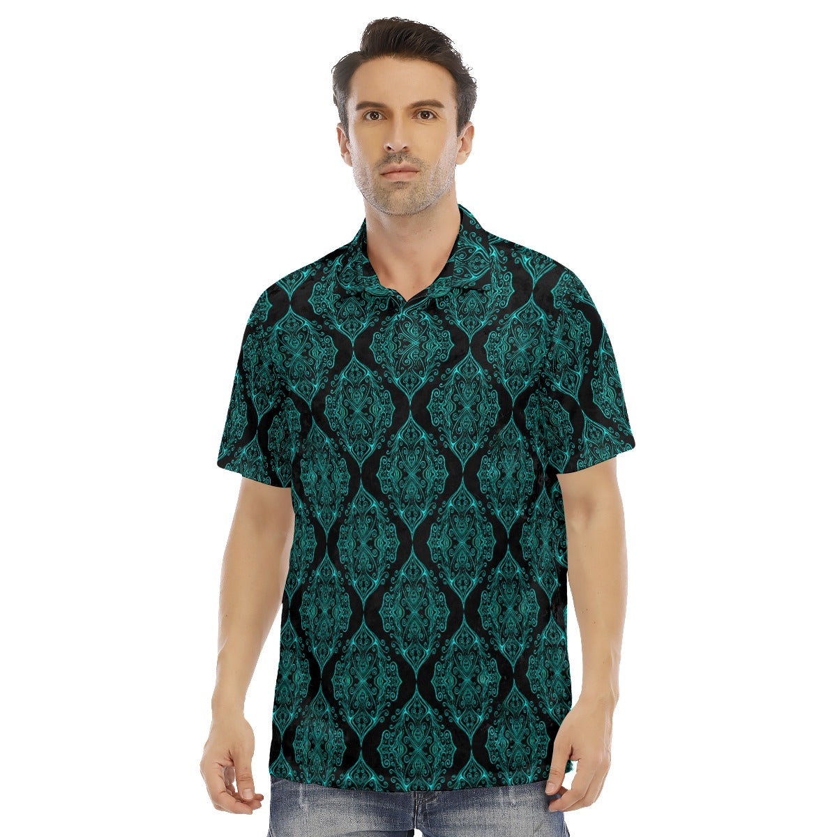 Ottoman Ethnic Black & Teal Men's Polo Shirt | Velvet