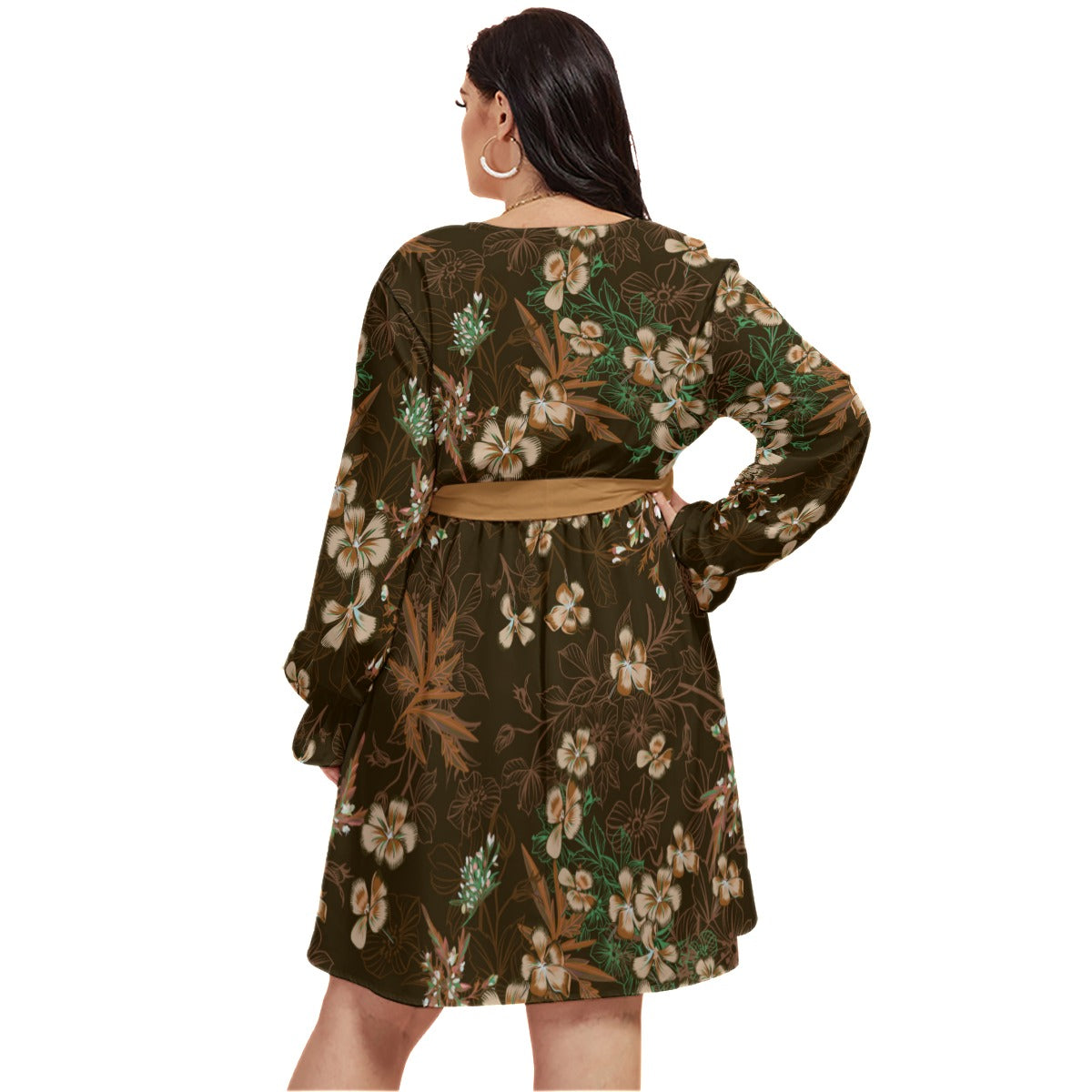 Light Brown Flowers Women's V-neck Dress With Waistband (Plus Size)