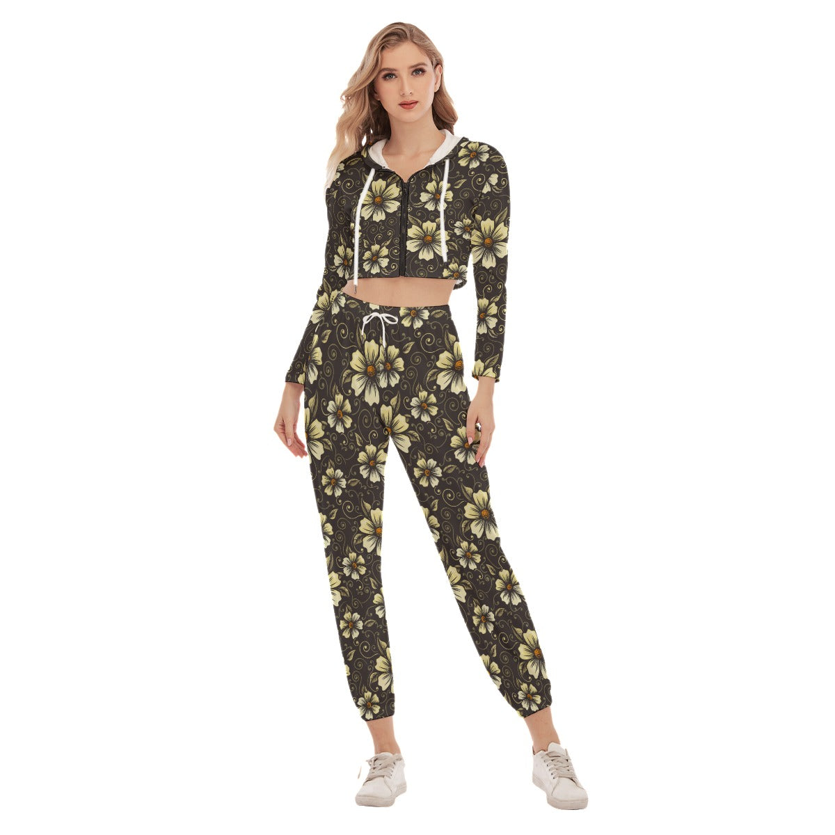 Vintage Flower Women's Crop Hoodie Sports Sets