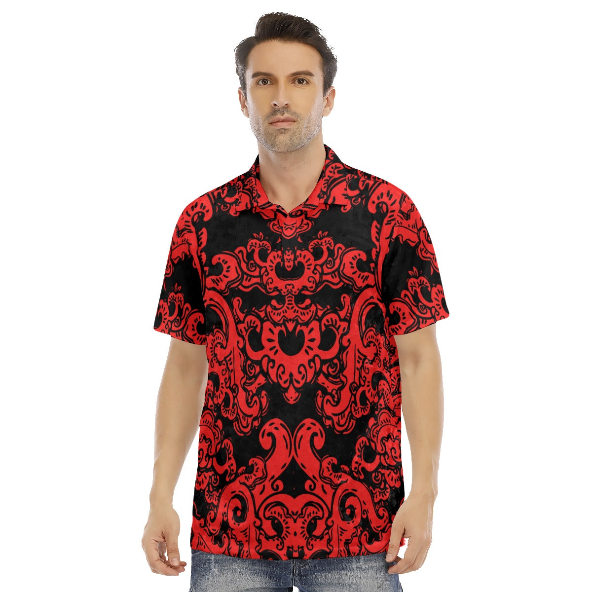 Red & Black Baroque Pattern Men's Polo Shirt | Velvet