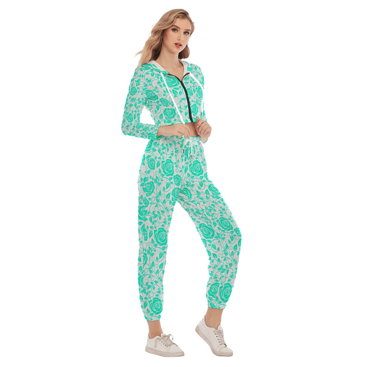 White & Teal Roses Women's Crop Hoodie Sports Sets