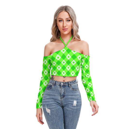 Green With White Flowers Women's Plaid Halter Lace-up Top