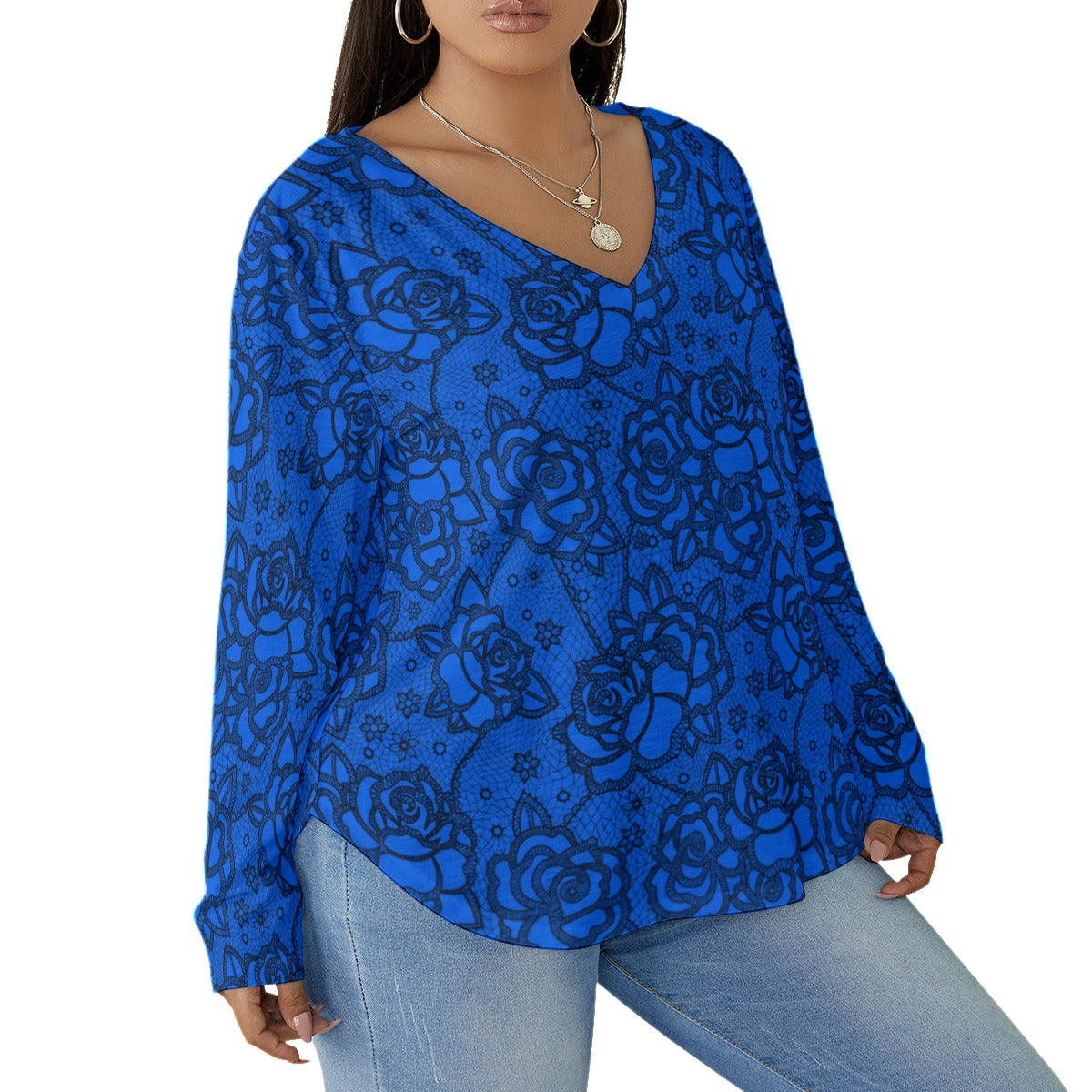 Women's Blue Lace Style Roses V-neck T-shirt With Curved Hem(Plus Size)