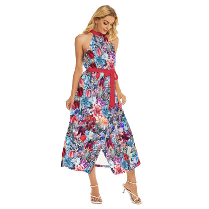 Beautiful Flowers Women's Wrap Hem Belted Halter Dress