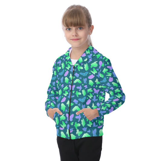 Kid's Colorful Butterflies Zip-up Hoodie With Patch Pocket