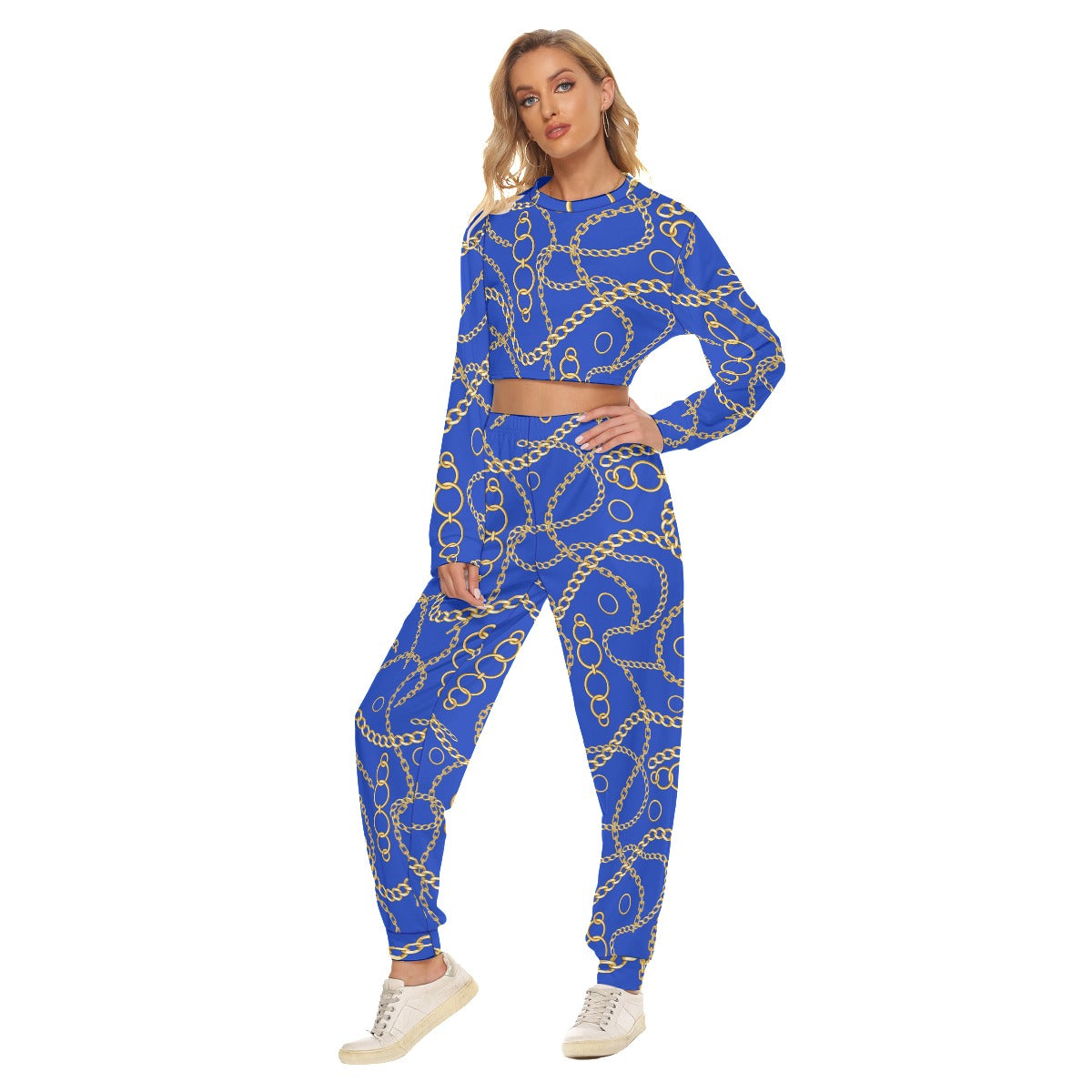 Blue & Gold Chains Women's Crop Sweatshirt Suit