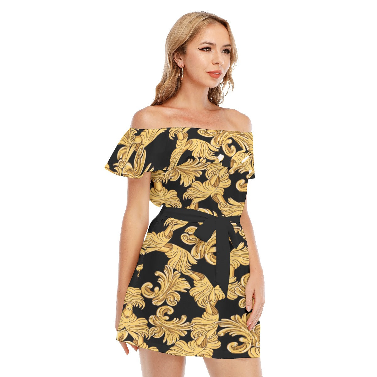 Golden Flowers Black Off-shoulder Dress With Ruffle