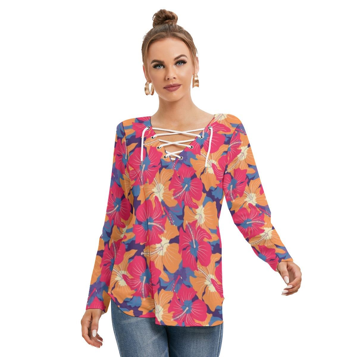 Tropical Flowers Women's Long Sleeve Neckline Tie Sweatshirt