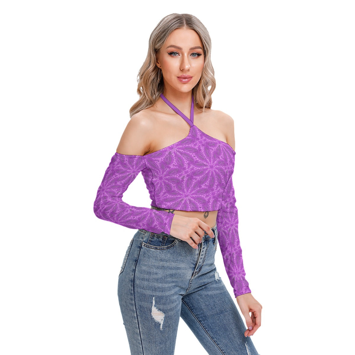 Purple Abstract Women's Halter Lace-up Top