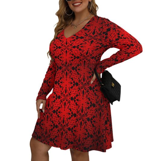 Royalty Made Red & Black Women's V-neck Long Sleeve Dress (Plus Size)