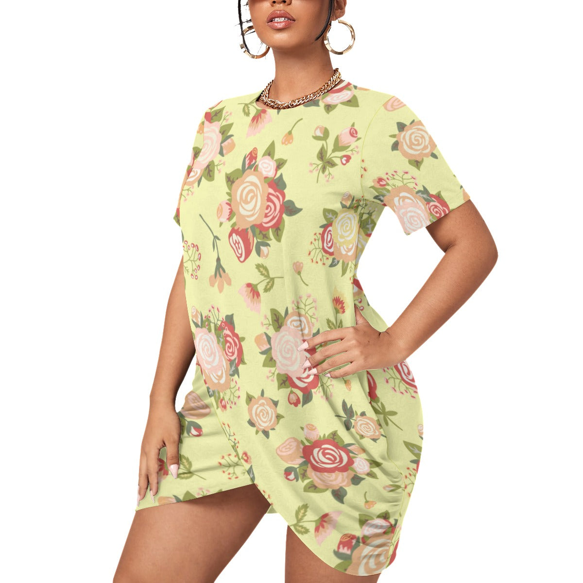 Cute Roses Women’s Stacked Hem Dress With Short Sleeve （Plus Size）