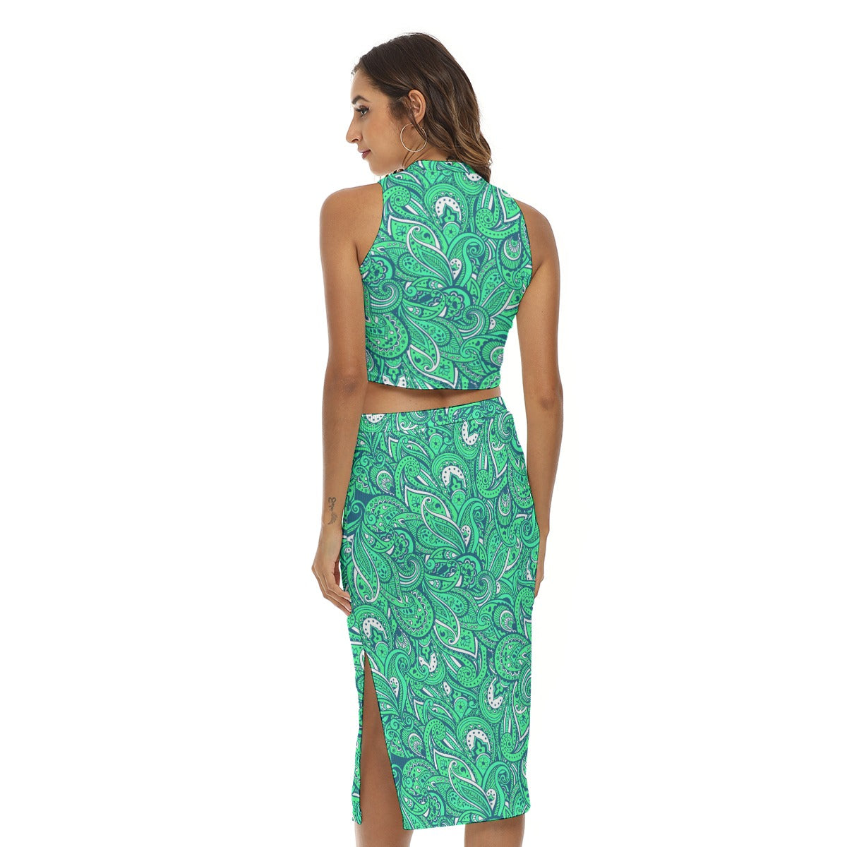 Teal Paisley Pattern Women's Tank Top & Split High Skirt Set