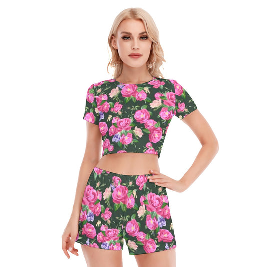 Pink Roses Women's Short Sleeve Cropped Top Shorts Suit