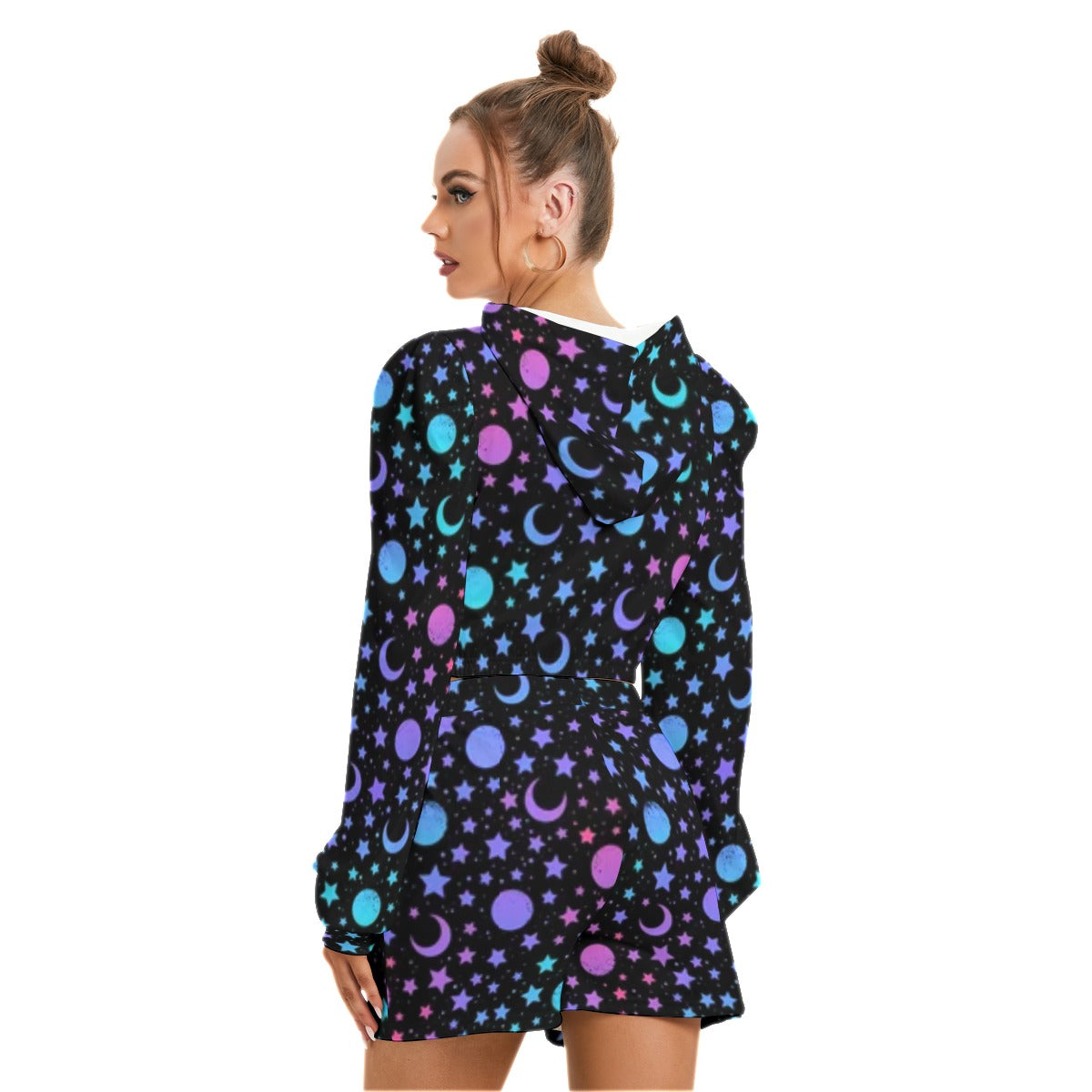 Mystical Pattern With Moon & Stars Women's Mirco Fleece Hoodie And Shorts Set